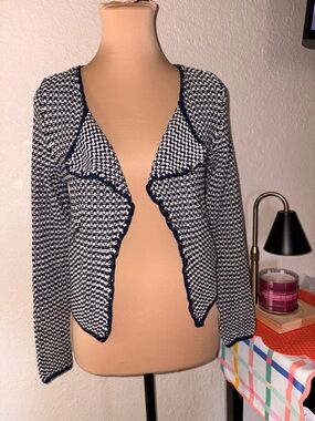 BODEN Open-Front Navy & White Knit Sweater Cardigan